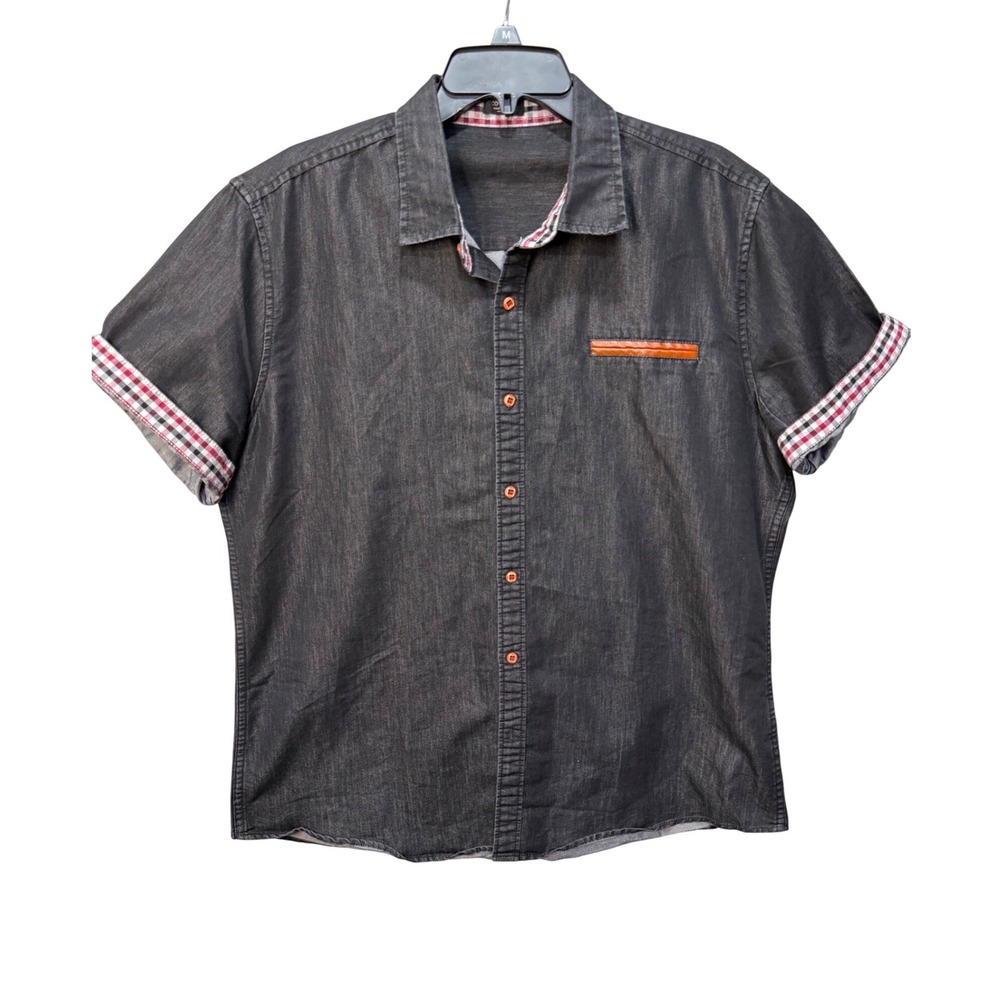 Coofandy Mens Short Sleeve Button Down Shirt Dark Gray Denim Look Plaid Trim L‎
